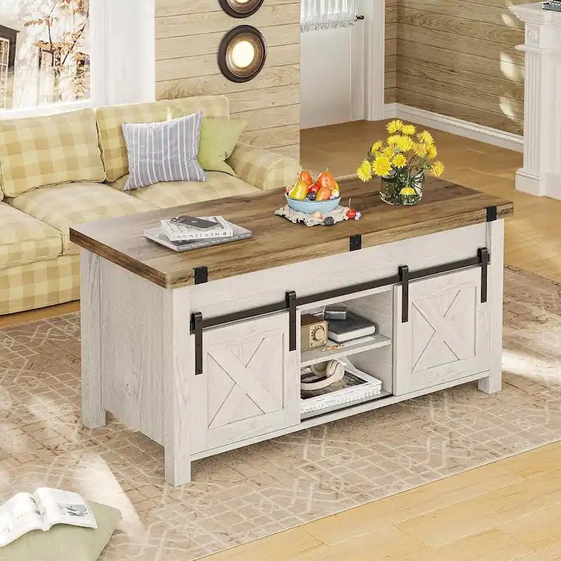Mesa de centro rústica con tapa elevable, Marrón/Gris/Blanco antiguo, Capacidad para 8 personas