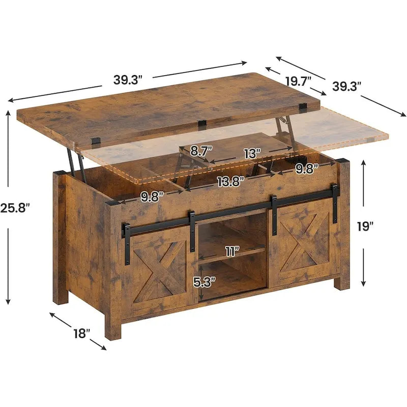 Mesa de centro rústica con tapa elevable, Marrón/Gris/Blanco antiguo, Capacidad para 8 personas
