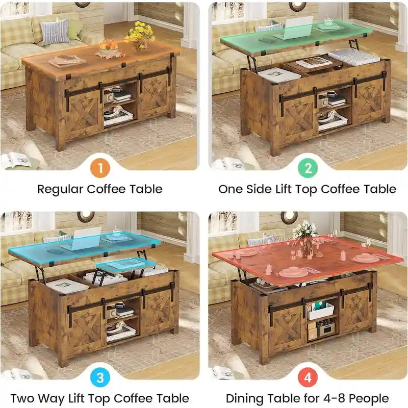 Mesa de centro rústica con tapa elevable, Marrón/Gris/Blanco antiguo, Capacidad para 8 personas