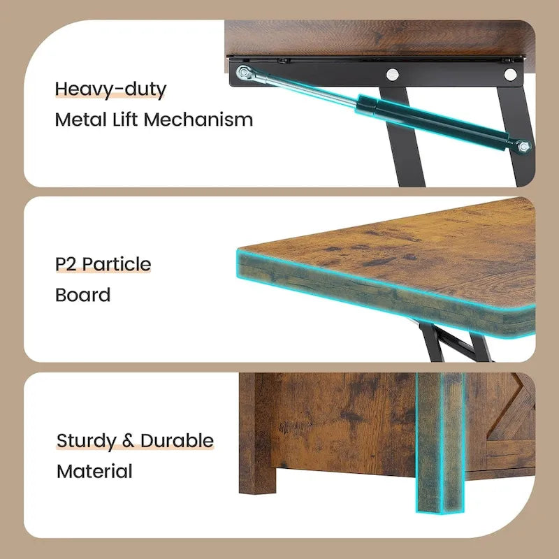 Mesa de centro rústica con tapa elevable, Marrón/Gris/Blanco antiguo, Capacidad para 8 personas