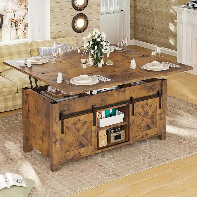 Mesa de centro rústica con tapa elevable, Marrón/Gris/Blanco antiguo, Capacidad para 8 personas