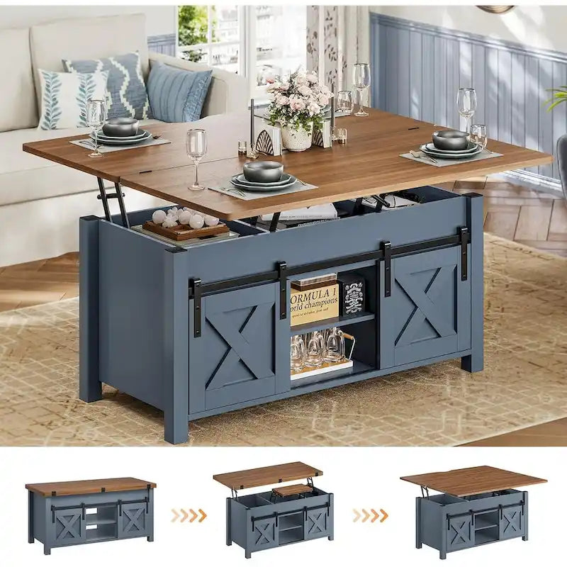Mesa de centro rústica con tapa elevable, Marrón/Gris/Blanco antiguo, Capacidad para 8 personas
