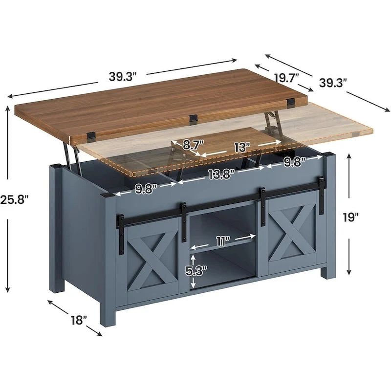 Mesa de centro rústica con tapa elevable, Marrón/Gris/Blanco antiguo, Capacidad para 8 personas