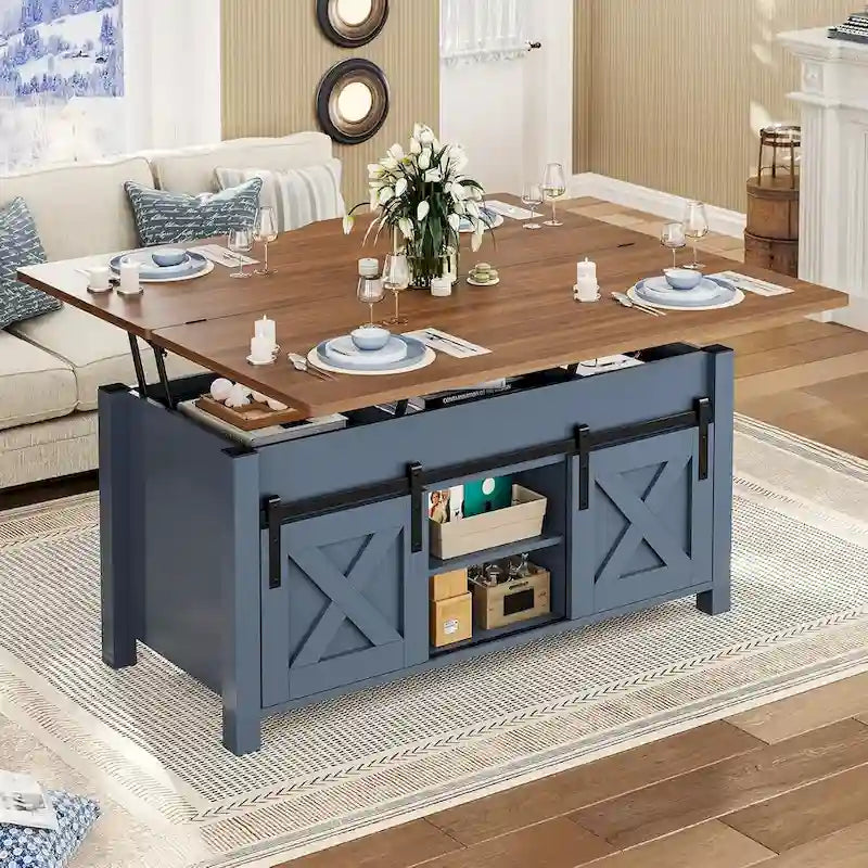 Mesa de centro rústica con tapa elevable, Marrón/Gris/Blanco antiguo, Capacidad para 8 personas