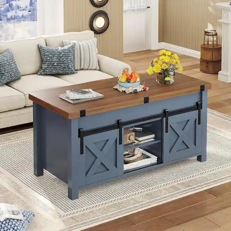 Mesa de centro rústica con tapa elevable, Marrón/Gris/Blanco antiguo, Capacidad para 8 personas