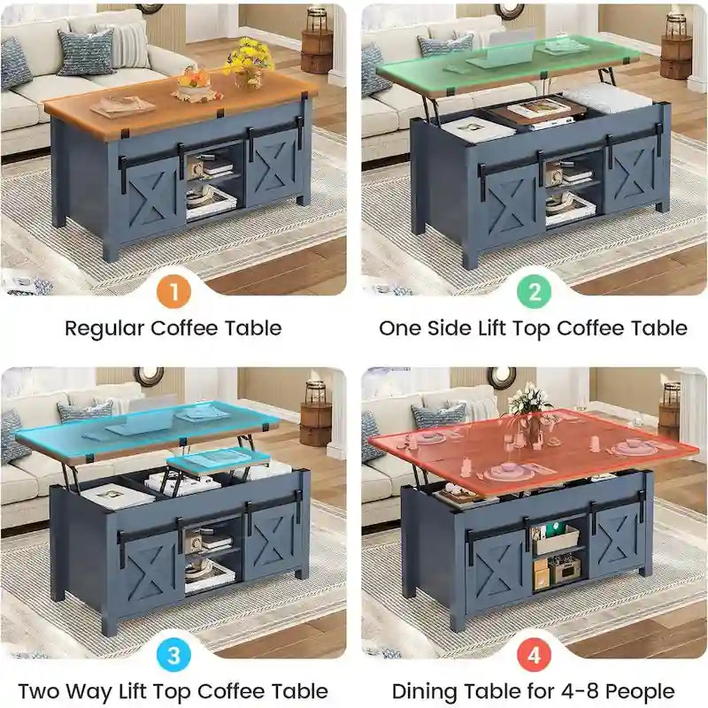 Mesa de centro rústica con tapa elevable, Marrón/Gris/Blanco antiguo, Capacidad para 8 personas