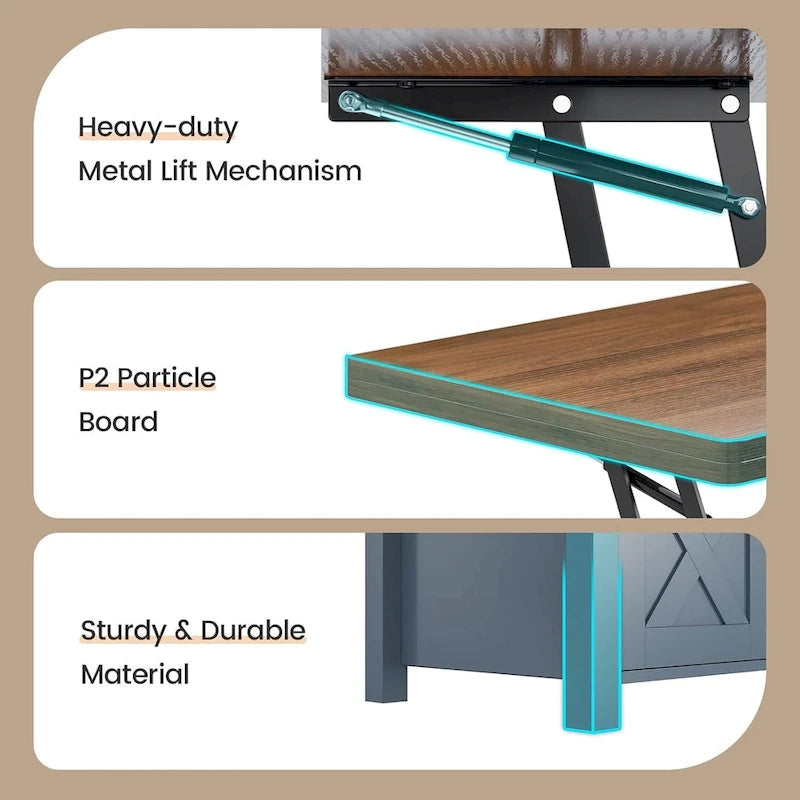 Mesa de centro rústica con tapa elevable, Marrón/Gris/Blanco antiguo, Capacidad para 8 personas