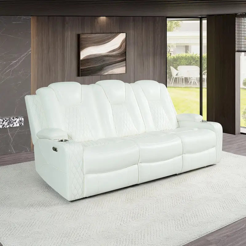Sofá biplaza reclinable de cuero sintético blanco/negro con LED y altavoces