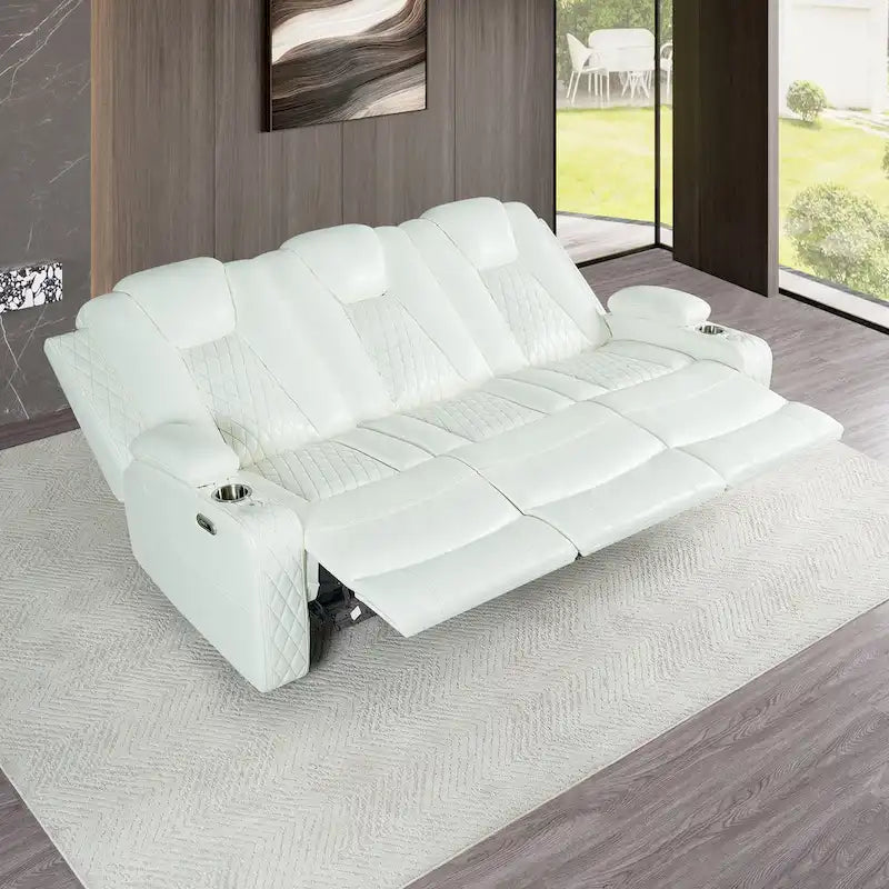 Sofá biplaza reclinable de cuero sintético blanco/negro con LED y altavoces