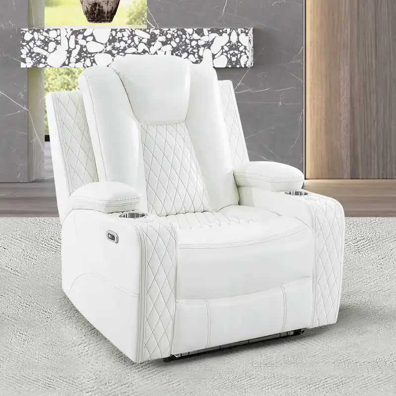 Sofá biplaza reclinable de cuero sintético blanco/negro con LED y altavoces