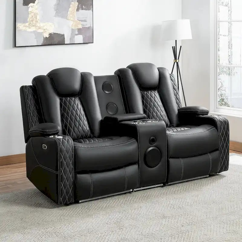 Sofá biplaza reclinable de cuero sintético blanco/negro con LED y altavoces