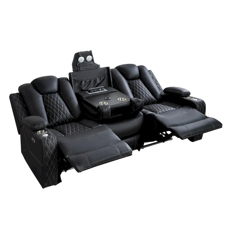Sofá biplaza reclinable de cuero sintético blanco/negro con LED y altavoces