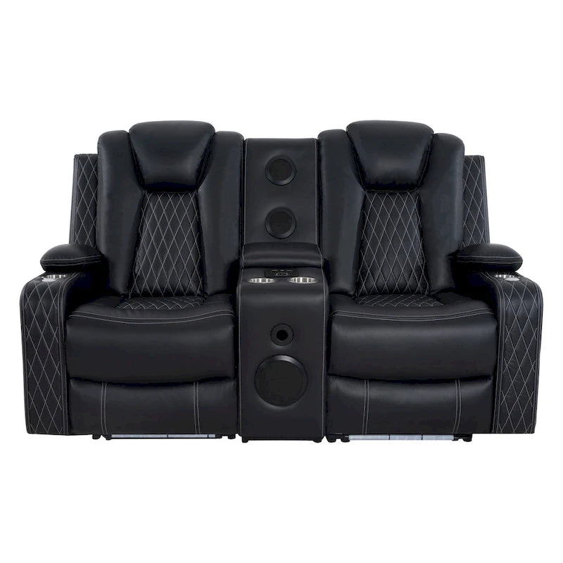 Sofá biplaza reclinable de cuero sintético blanco/negro con LED y altavoces