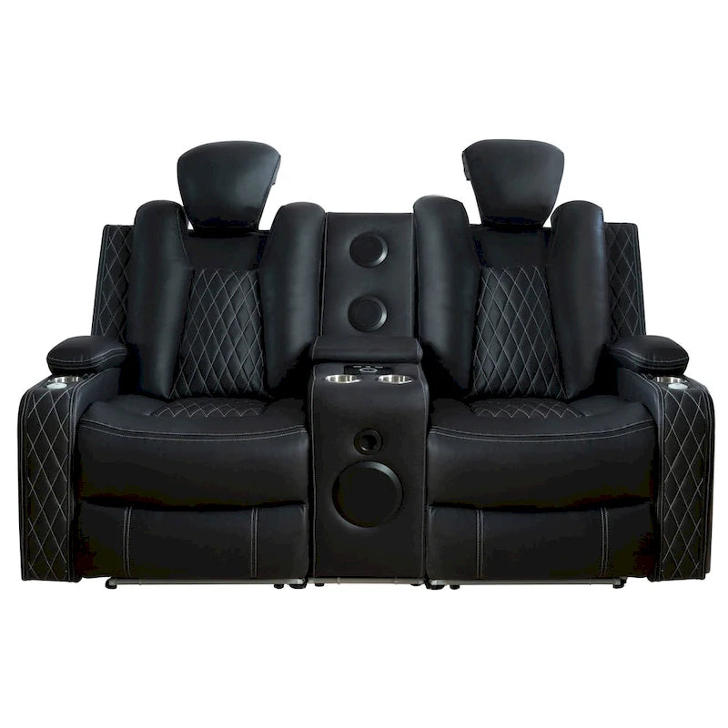 Sofá biplaza reclinable de cuero sintético blanco/negro con LED y altavoces