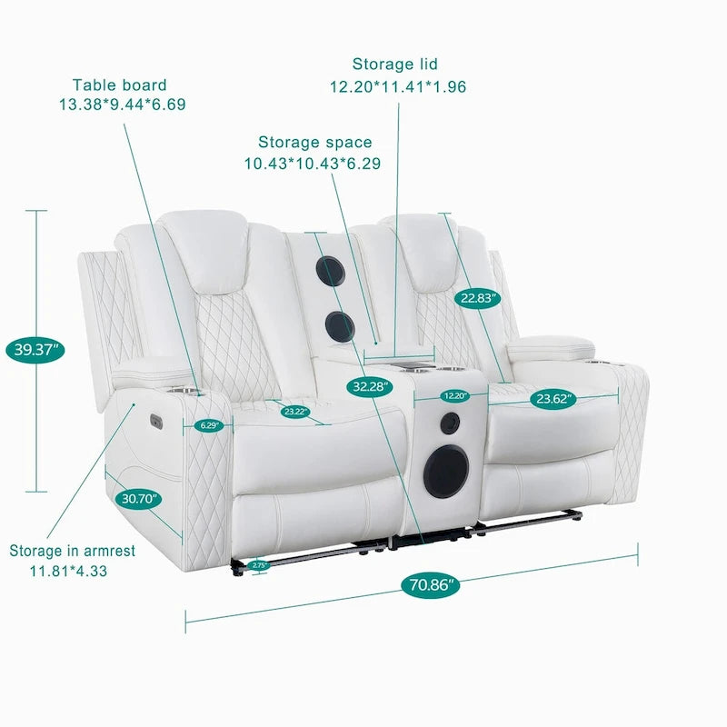 Sofá biplaza reclinable de cuero sintético blanco/negro con LED y altavoces