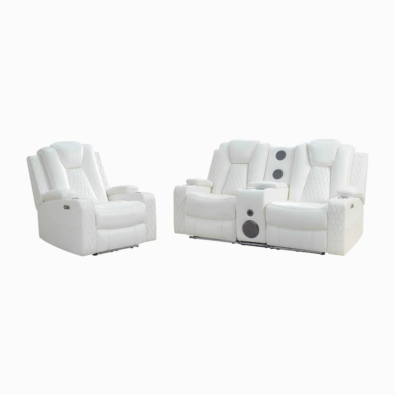 Sofá biplaza reclinable de cuero sintético blanco/negro con LED y altavoces