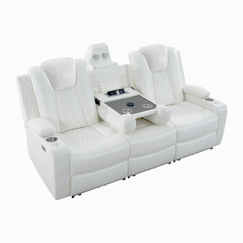Sofá biplaza reclinable de cuero sintético blanco/negro con LED y altavoces