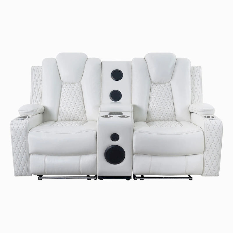 Sofá biplaza reclinable de cuero sintético blanco/negro con LED y altavoces