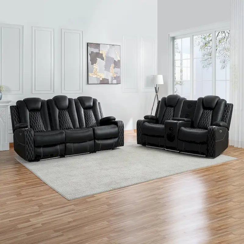 Sofá biplaza reclinable de cuero sintético blanco/negro con LED y altavoces