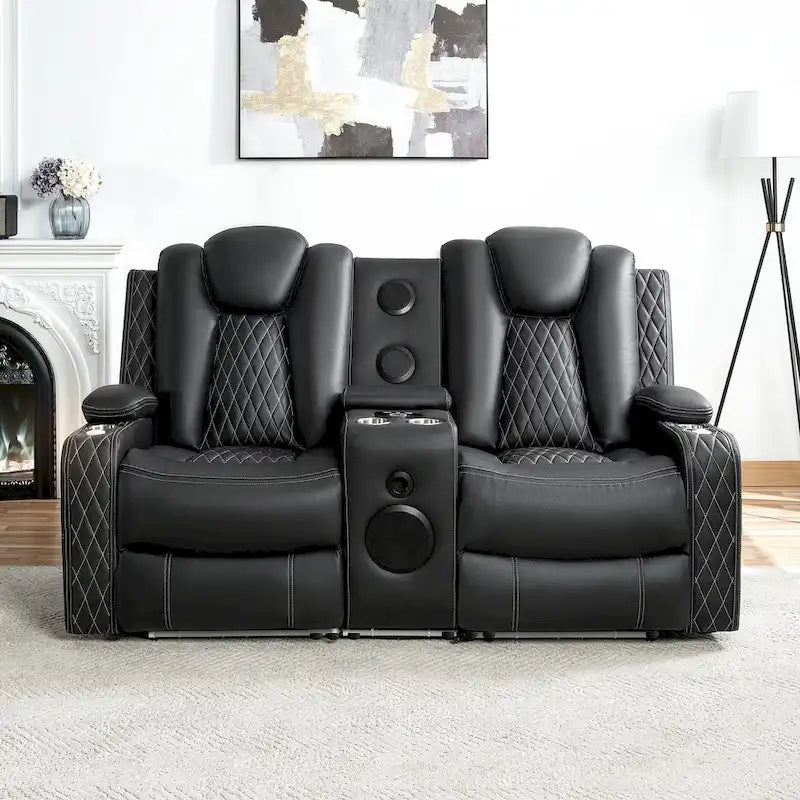 Sofá biplaza reclinable de cuero sintético blanco/negro con LED y altavoces
