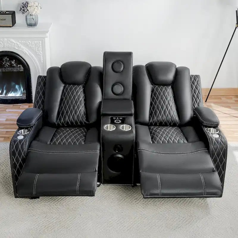 Sofá biplaza reclinable de cuero sintético blanco/negro con LED y altavoces