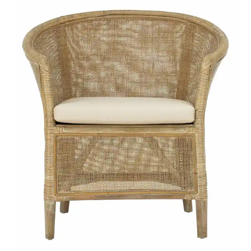 Sillón de ratán blanqueado con cojín blanco, asiento individual