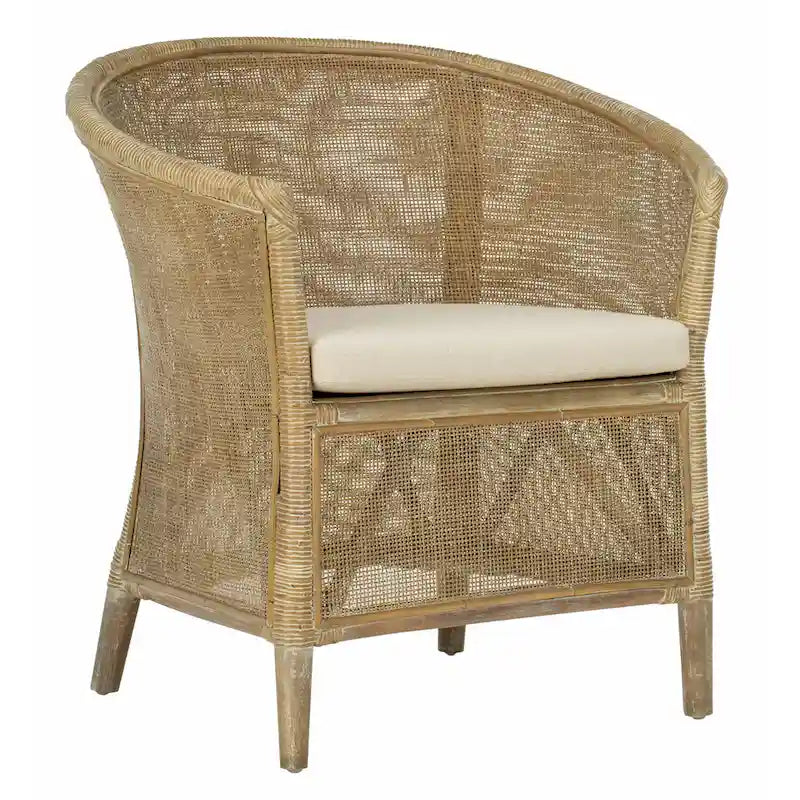 Sillón de ratán blanqueado con cojín blanco, asiento individual
