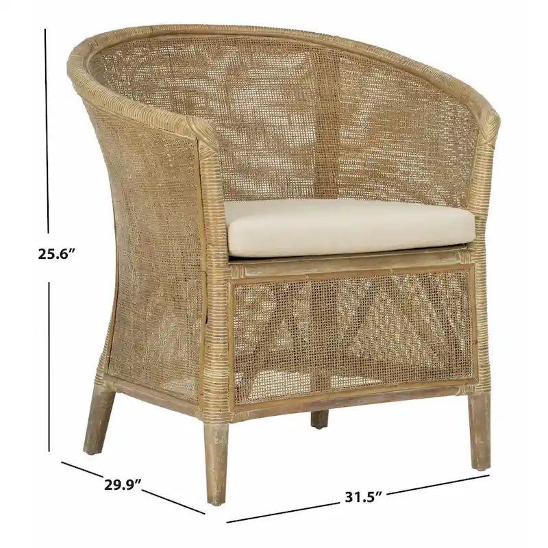 Sillón de ratán blanqueado con cojín blanco, asiento individual