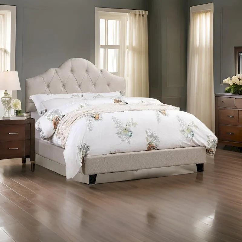 Eni Upholstered California King Size Bed, Taupe Tufted Adjustable Headboard