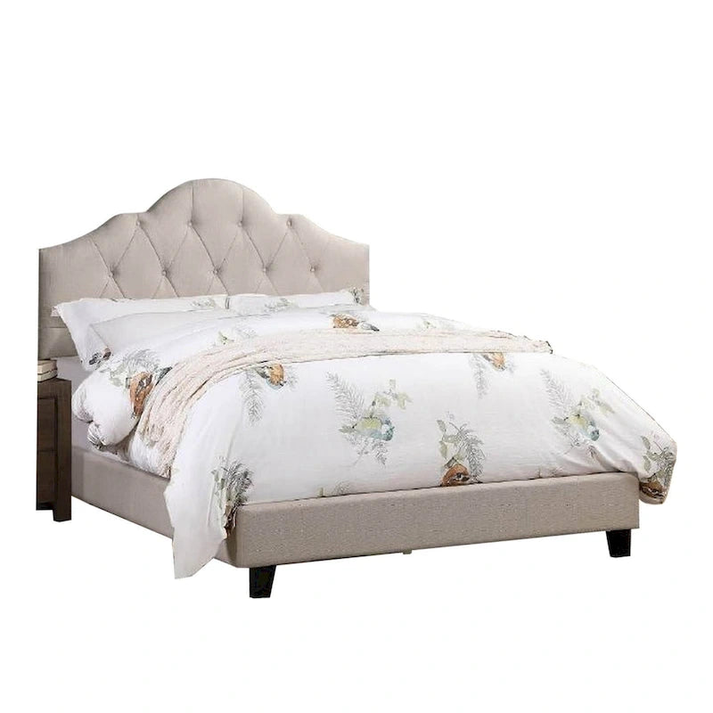 Cama California King tapizada en color topo, cabecera capitoneada ajustable, para 2 personas