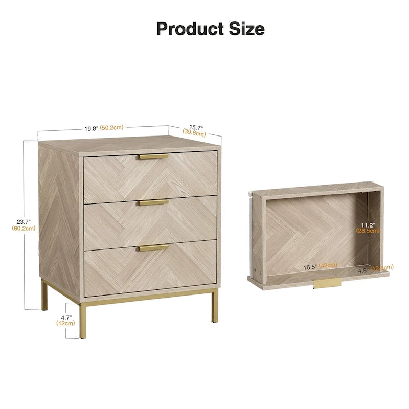 Anmytek Mesita de noche moderna de 3 cajones con vetas de madera y almacenamiento para dormitorio o sala de estar
