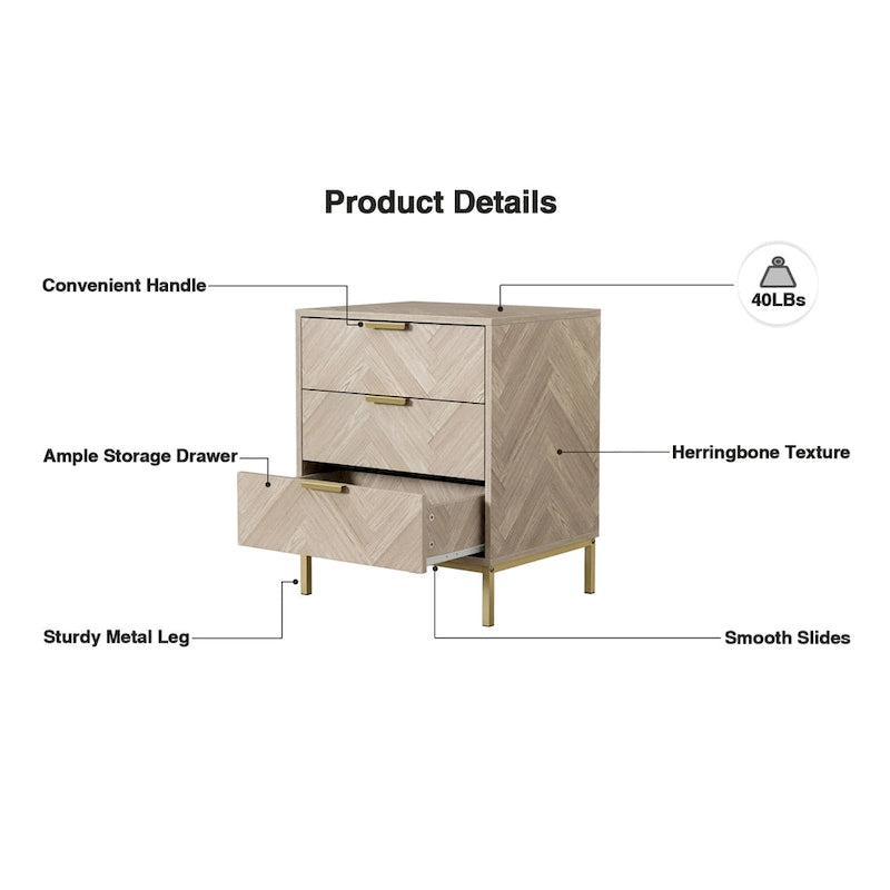 Anmytek Mesita de noche moderna de 3 cajones con vetas de madera y almacenamiento para dormitorio o sala de estar