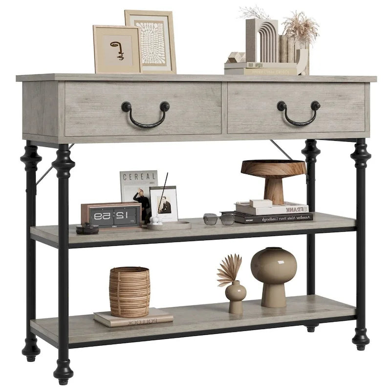 Mesa Consola Estrecha Marrón/Gris con Cajón y Estantes de 3 Niveles, Estilo Vintage