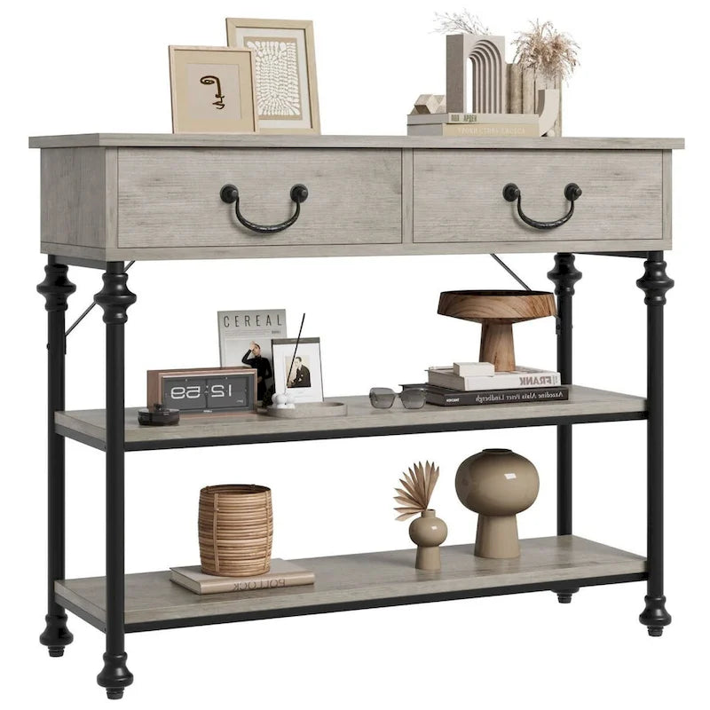 Mesa Consola Estrecha Marrón/Gris con Cajón y Estantes de 3 Niveles, Estilo Vintage