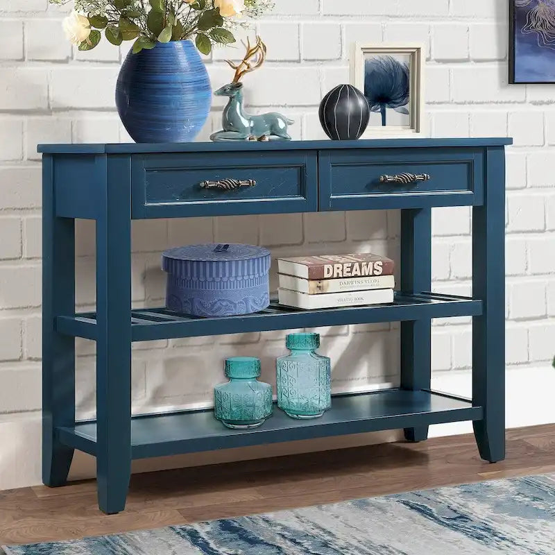 Mesa Consola con 2 Cajones y Estantes de 2 Niveles, Rústica, Espresso/Marrón/Azul Marino/Blanco Antiguo