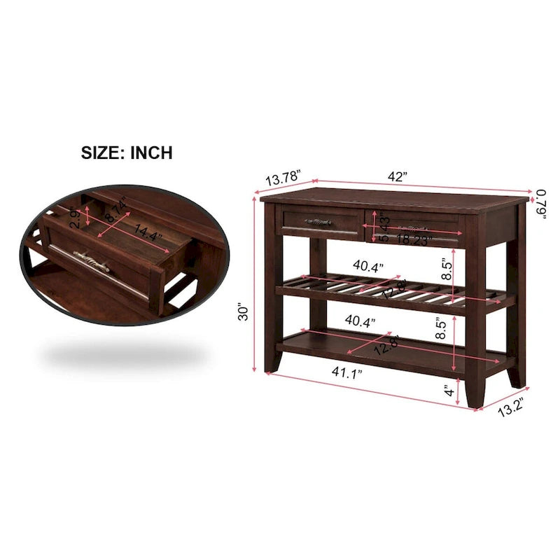 Mesa Consola con 2 Cajones y Estantes de 2 Niveles, Rústica, Espresso/Marrón/Azul Marino/Blanco Antiguo