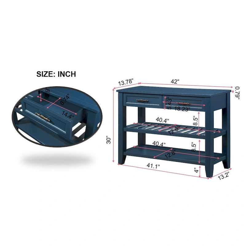 Mesa Consola con 2 Cajones y Estantes de 2 Niveles, Rústica, Espresso/Marrón/Azul Marino/Blanco Antiguo