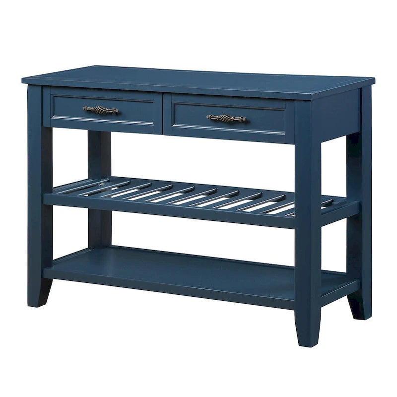Mesa Consola con 2 Cajones y Estantes de 2 Niveles, Rústica, Espresso/Marrón/Azul Marino/Blanco Antiguo