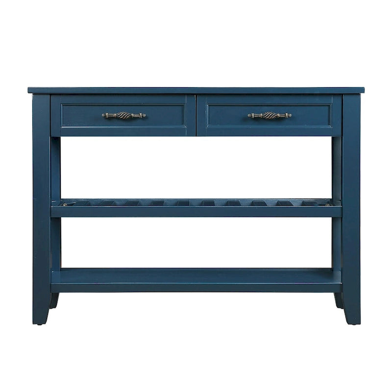 Mesa Consola con 2 Cajones y Estantes de 2 Niveles, Rústica, Espresso/Marrón/Azul Marino/Blanco Antiguo