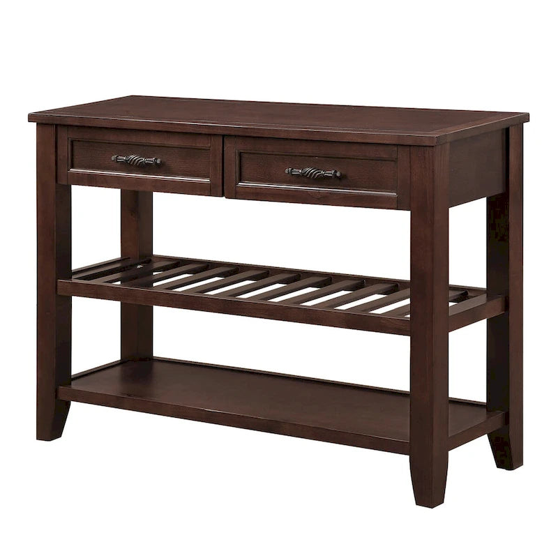 Mesa Consola con 2 Cajones y Estantes de 2 Niveles, Rústica, Espresso/Marrón/Azul Marino/Blanco Antiguo