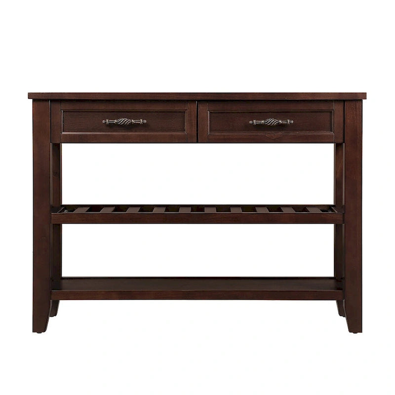 Mesa Consola con 2 Cajones y Estantes de 2 Niveles, Rústica, Espresso/Marrón/Azul Marino/Blanco Antiguo