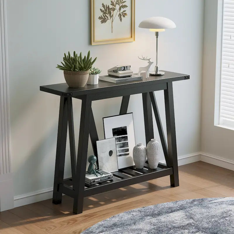 Mesa consola de MDF gris/negro/marrón lavado con estante de almacenamiento