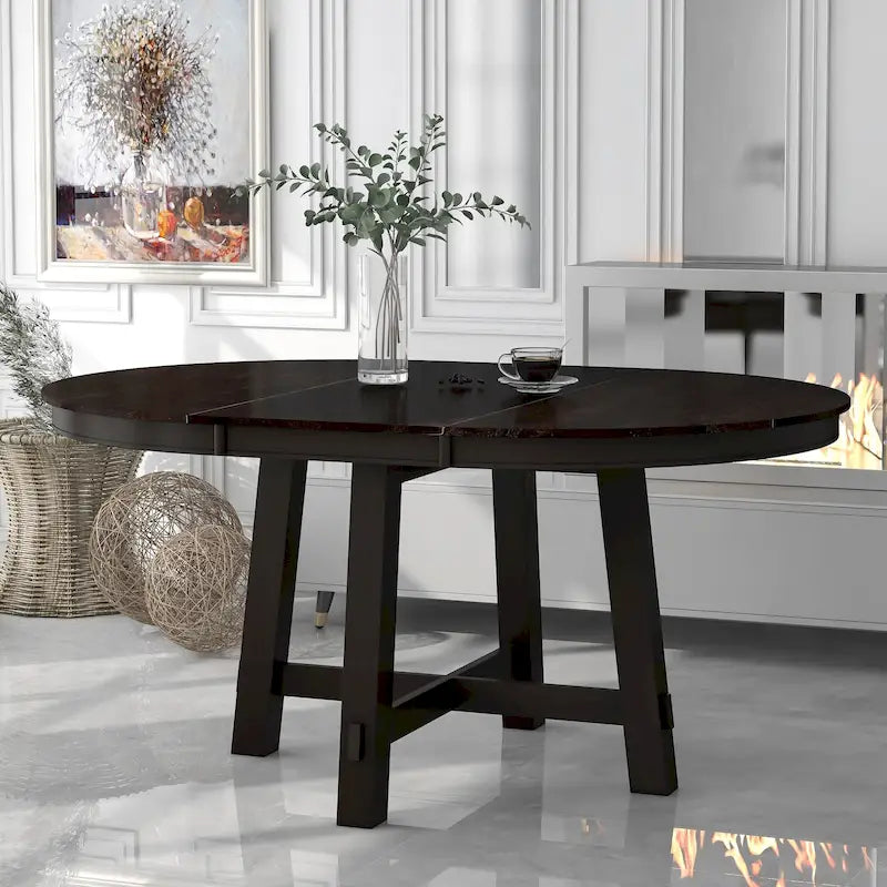 Mesa de comedor redonda extensible con extensión, asientos para 4 a 6 – Madera natural / Espresso
