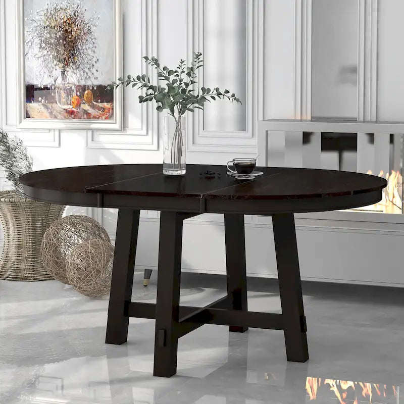 Mesa de comedor redonda extensible con extensión, asientos para 4 a 6 – Madera natural / Espresso