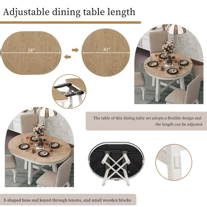 Mesa de comedor redonda extensible con extensión, asientos para 4 a 6 – Madera natural / Espresso