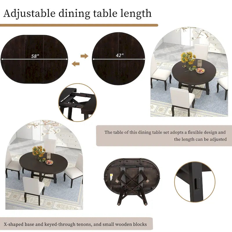 Mesa de comedor redonda extensible con extensión, asientos para 4 a 6 – Madera natural / Espresso