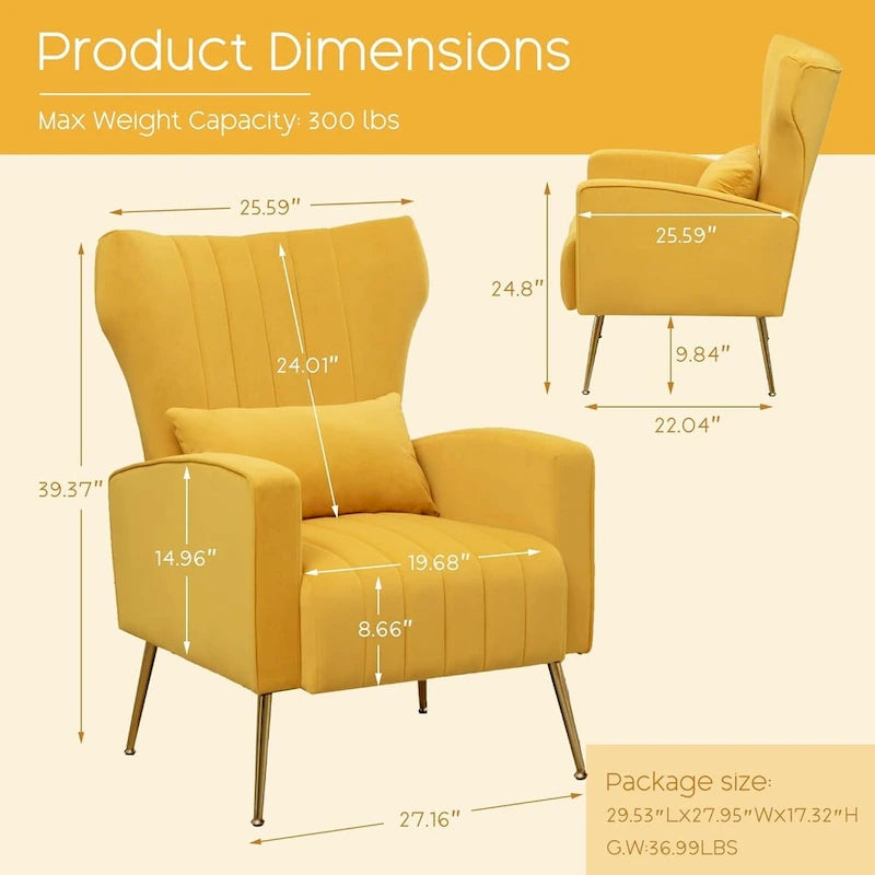 Sillón orejero de terciopelo amarillo/beige/negro/azul marino/verde azulado con almohada, para 1 persona