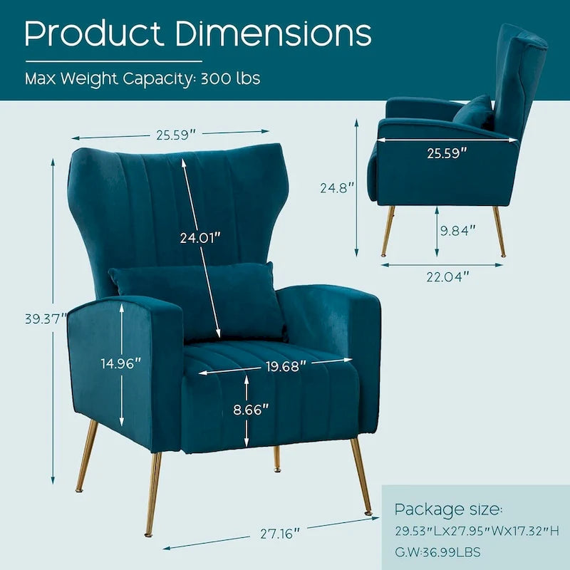 Sillón orejero de terciopelo amarillo/beige/negro/azul marino/verde azulado con almohada, para 1 persona