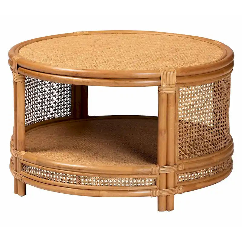 Mesa de centro redonda bohemia de ratán color miel claro