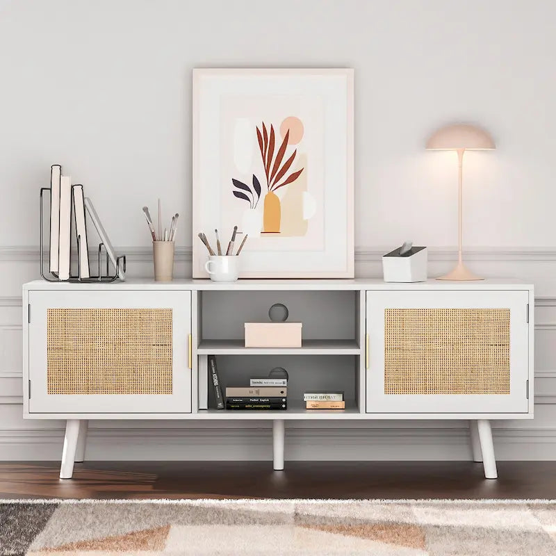 Mueble para TV de ratán blanco, apto para televisores de hasta 75"